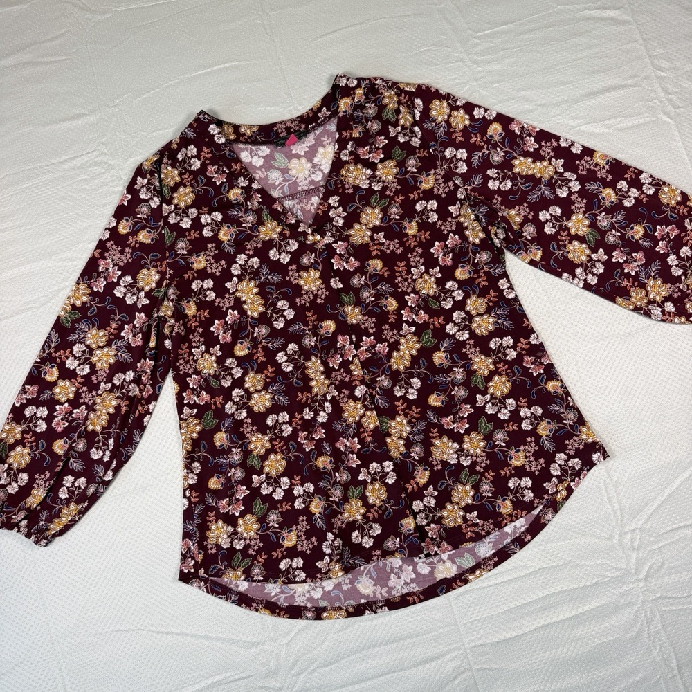 Vince Camuto Women M Floral V-Neck Blouse Maroon 3/4 Balloon Sleeve Stretch Top